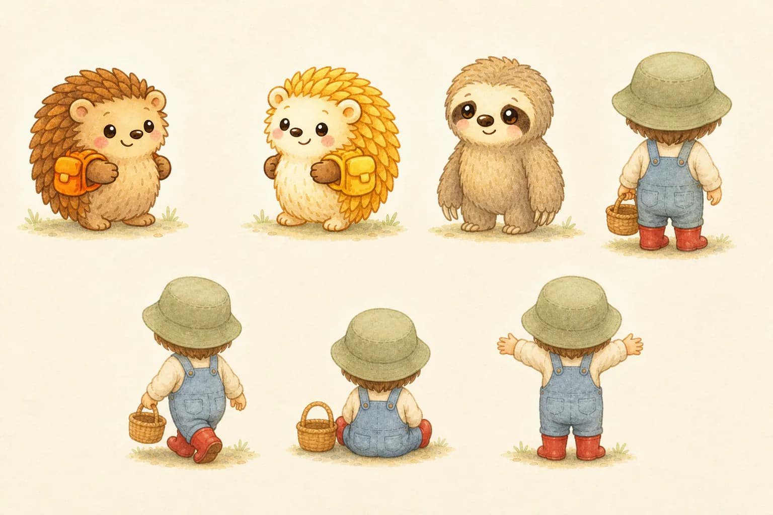 Guía de personajes de muestra con Pin, Pon, Bing y Arlo, quien aparece siempre de espaldas