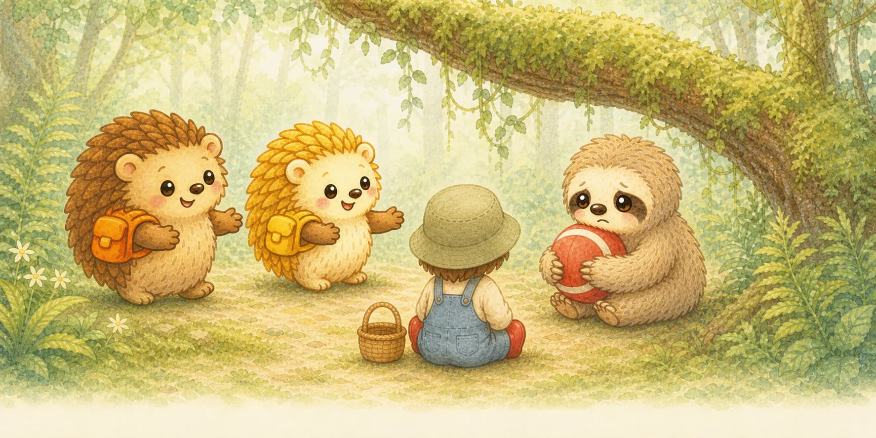 Página interior de muestra: Arlo se sienta con Pin y Pon para escuchar a Bing